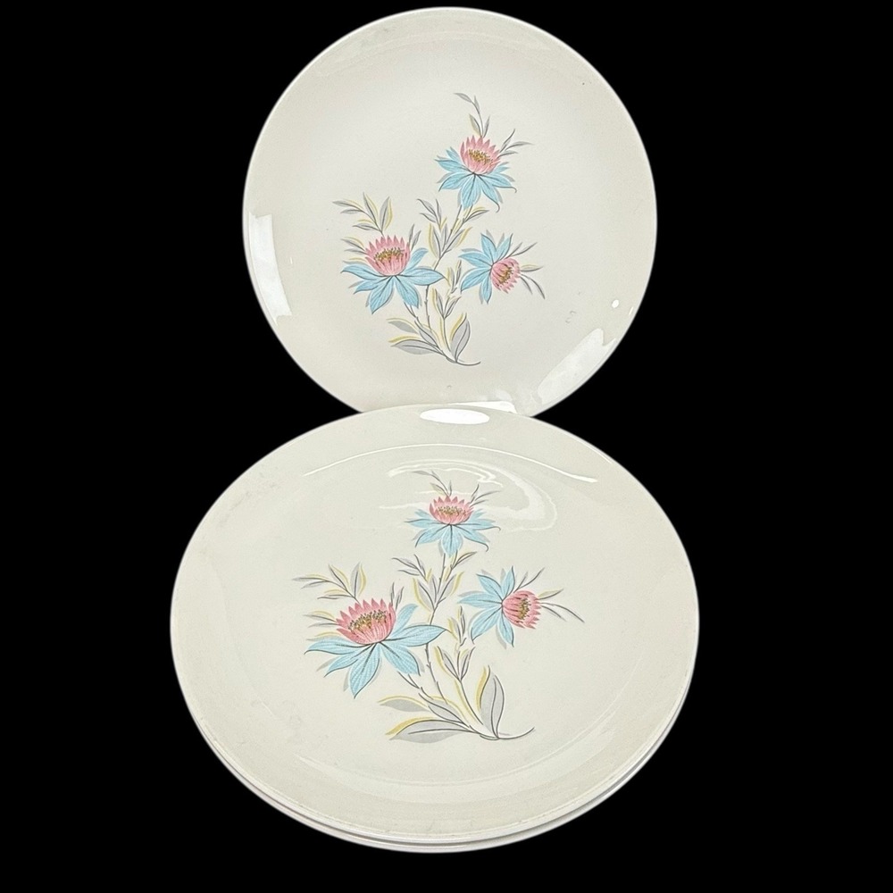 Steubenville Pottery Fairlane Dinner Plates Pink Blue Flower USA Set Of 3
